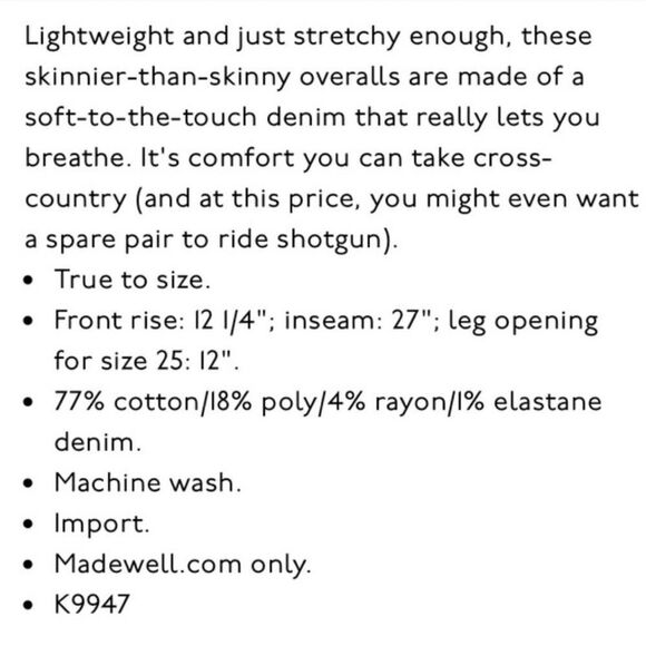 Madewell Roadtripper Overalls in Brodie Wash Ribbed Knees Stretchy S - Picture 5 of 7